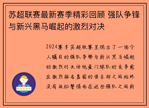 苏超联赛最新赛季精彩回顾 强队争锋与新兴黑马崛起的激烈对决
