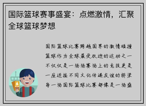 国际篮球赛事盛宴：点燃激情，汇聚全球篮球梦想