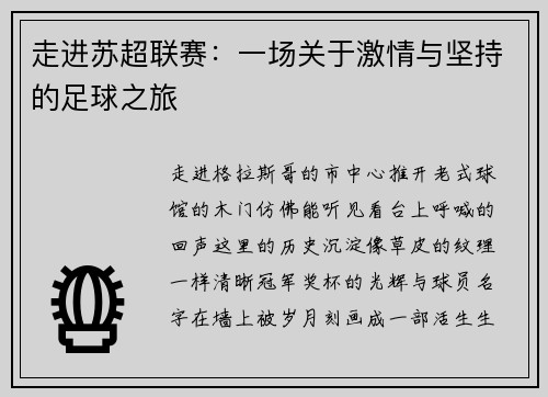 走进苏超联赛：一场关于激情与坚持的足球之旅