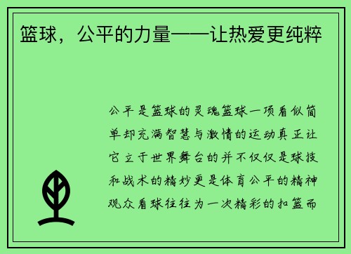 篮球，公平的力量——让热爱更纯粹